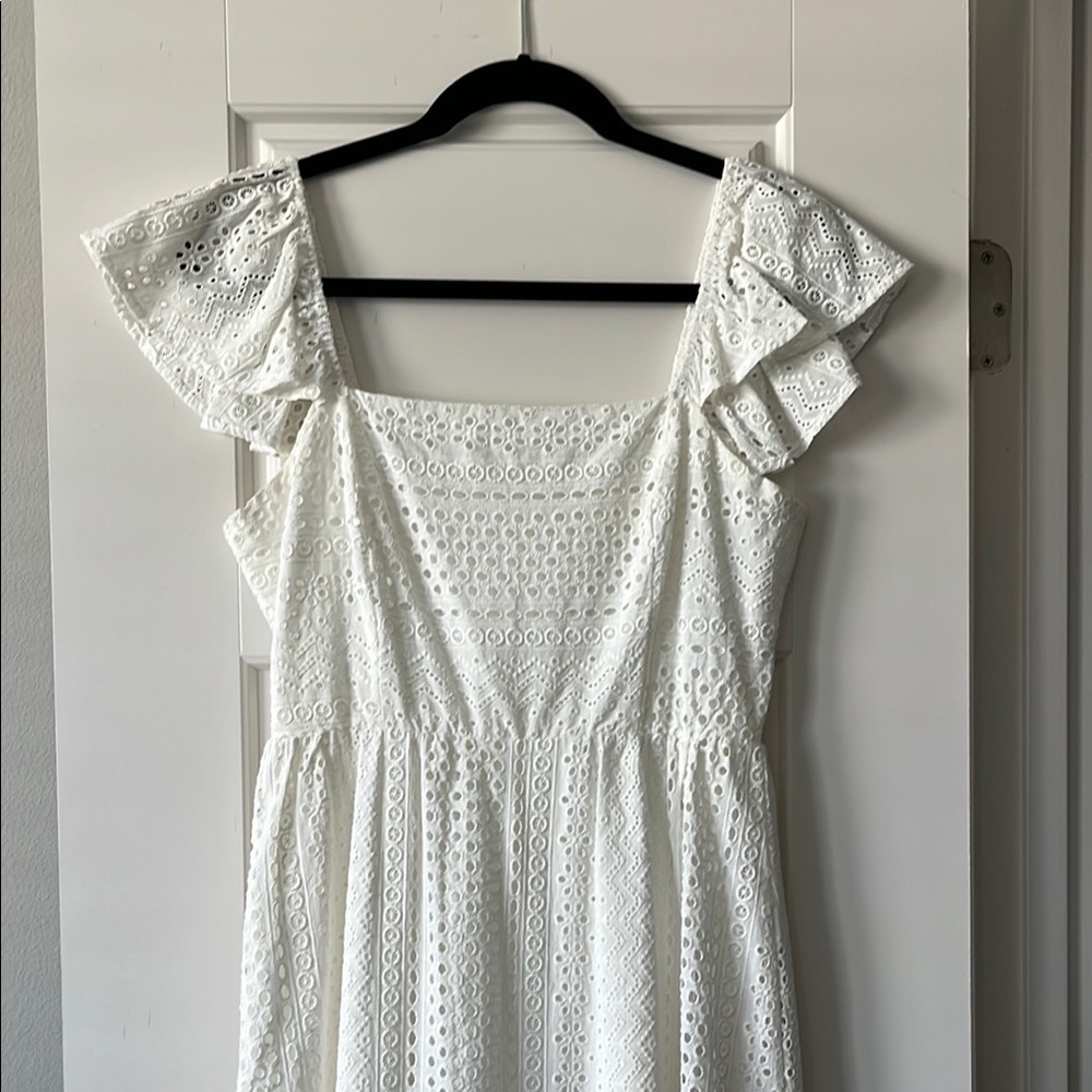 Altar'd State White Smocked Mini Dress with Flutter Sleeves